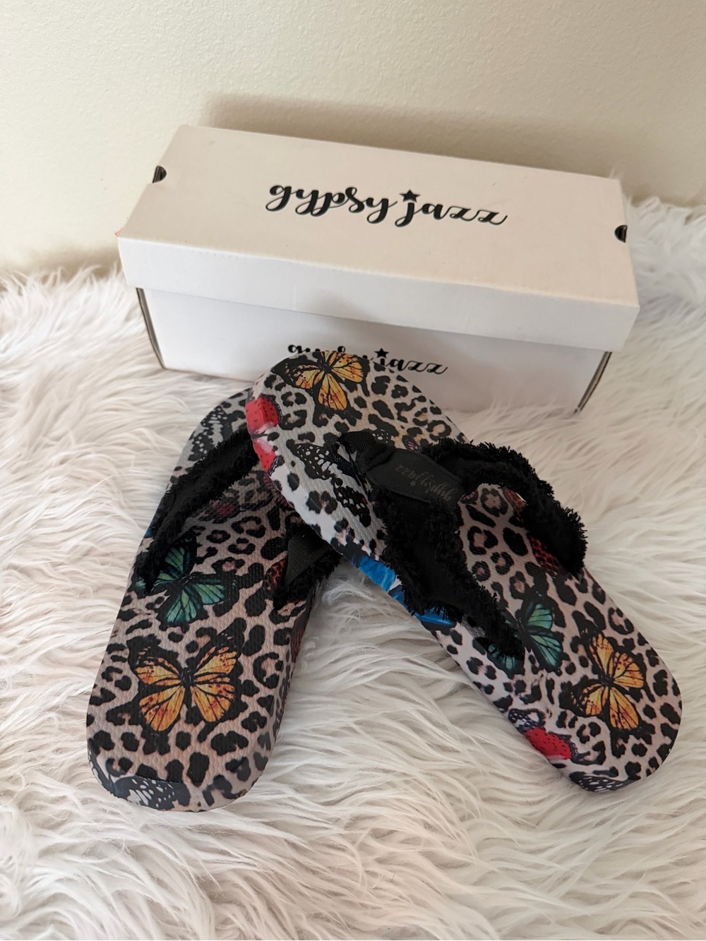Gypsy Jazz Women's Black Leopard Butterfly Flip Flop Sandals